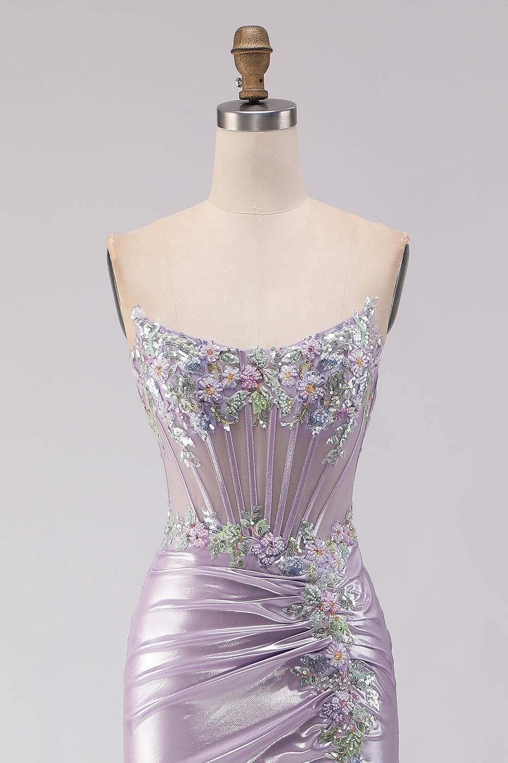Sparkly Light Purple Mermaid Strapless Ruched Long Corset Prom Dress with Slit