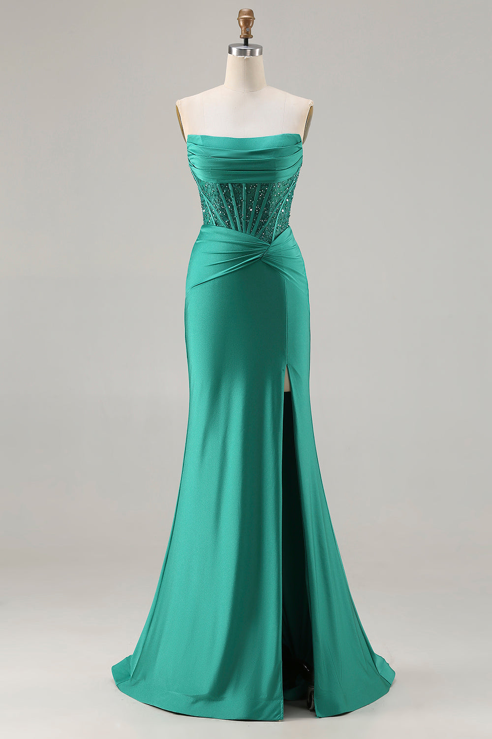 Sparkly Dark Green Mermaid Satin Strapless Long Corset Prom Dress with Slit