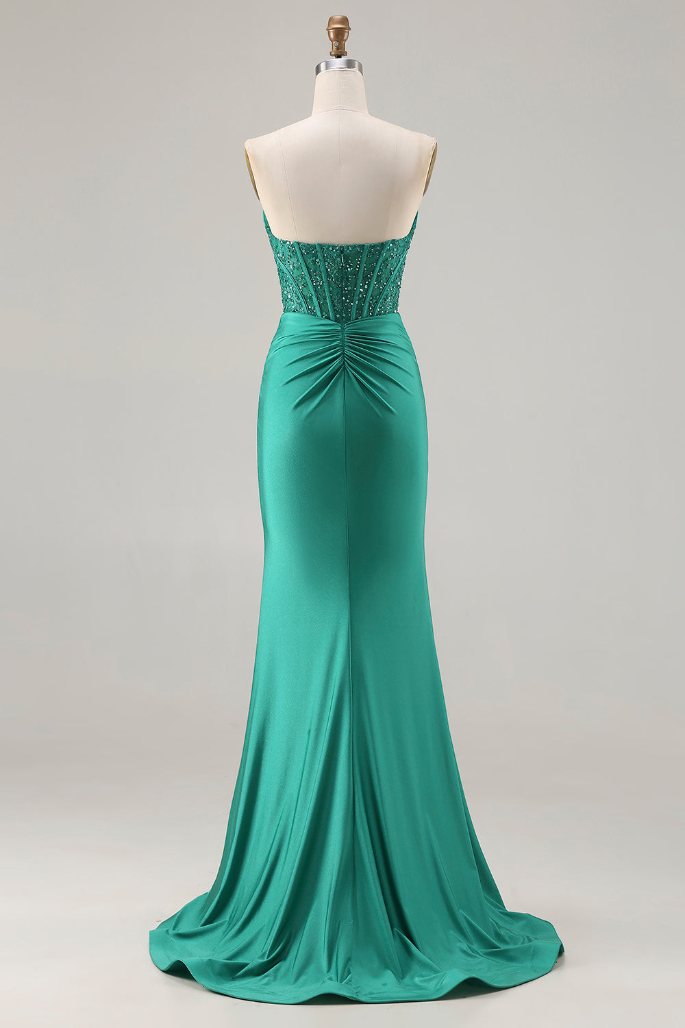 Sparkly Dark Green Mermaid Satin Strapless Long Corset Prom Dress with Slit