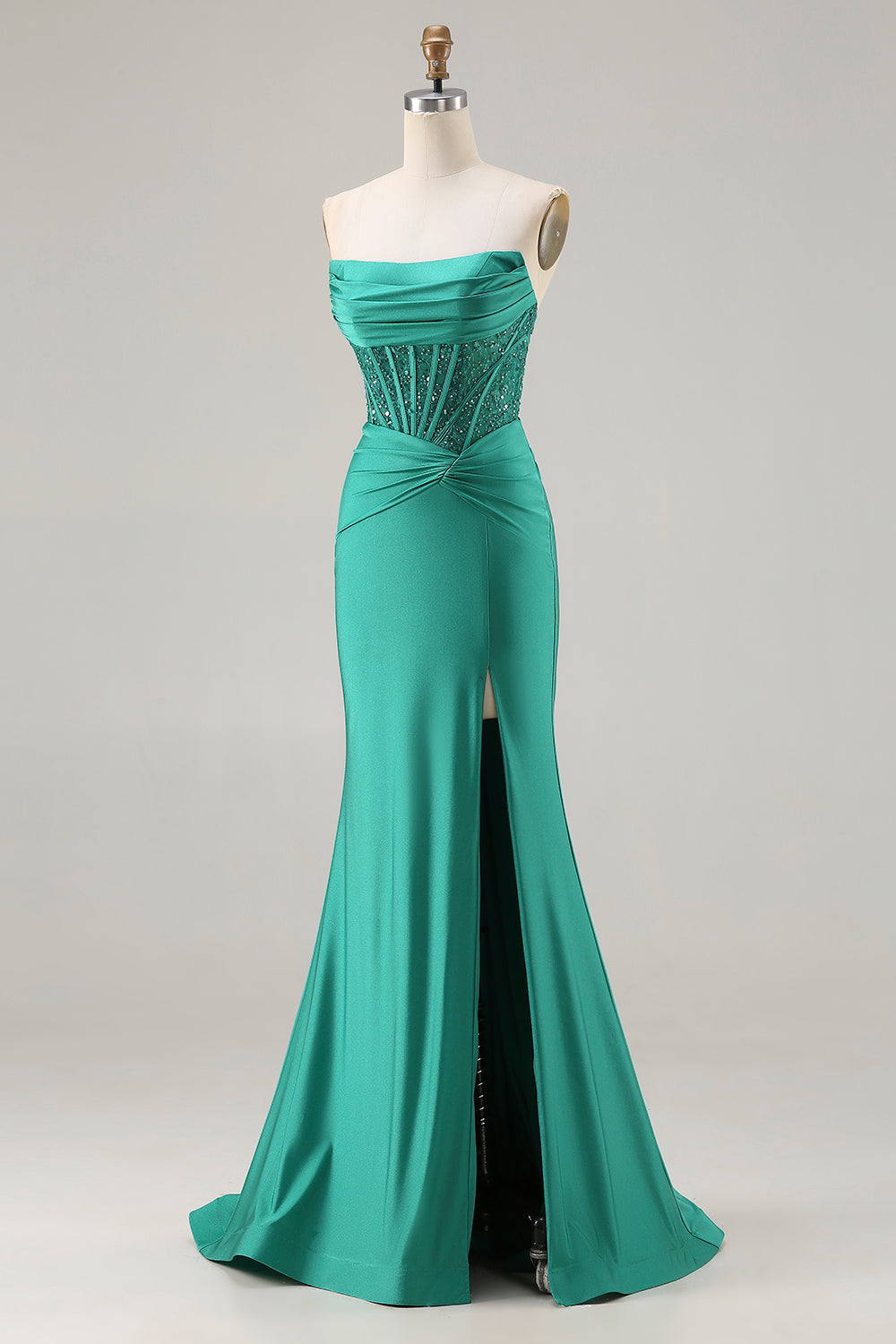 Sparkly Dark Green Mermaid Satin Strapless Long Corset Prom Dress with Slit