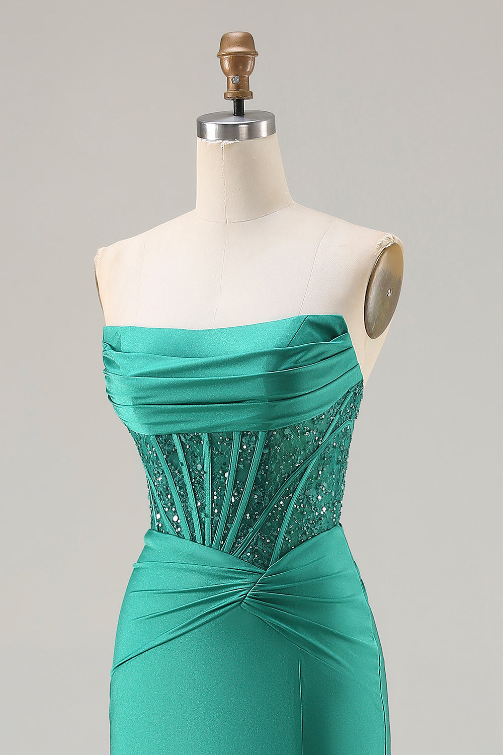 Sparkly Dark Green Mermaid Satin Strapless Long Corset Prom Dress with Slit
