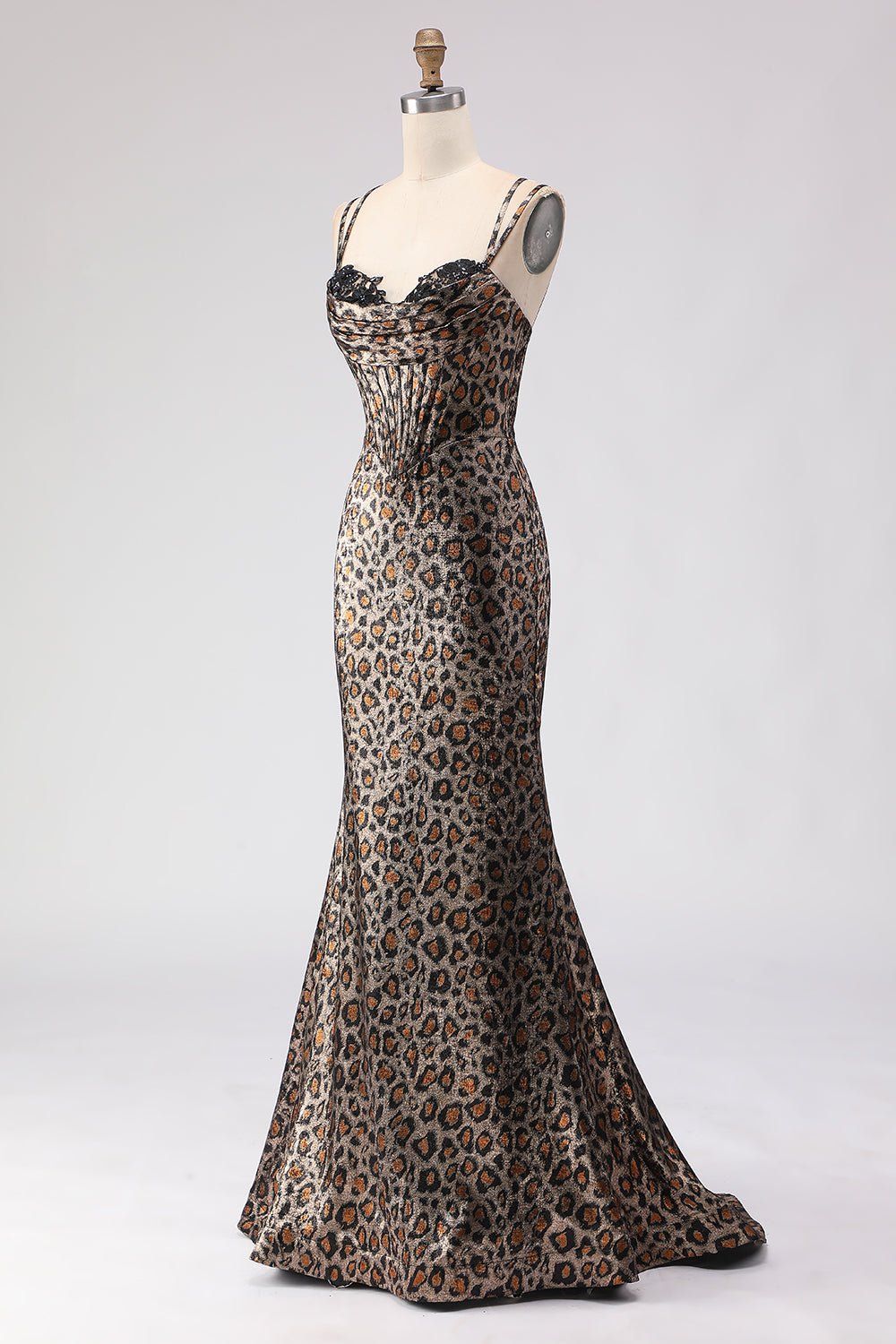 Sparkly Khaki Leopard Print Corset Long Mermaid Prom Dress with Beading