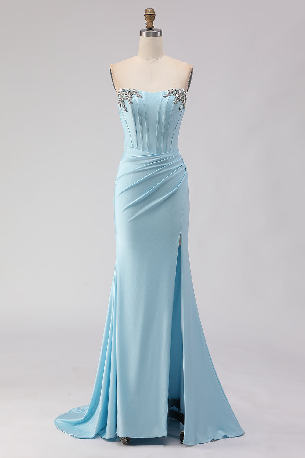 Sparkly Sky Blue Mermaid Strapless Ruched Long Corset Prom Dress with Slit