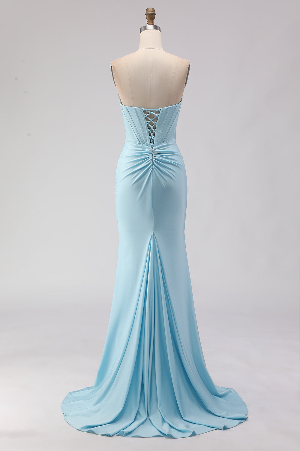 Sparkly Sky Blue Mermaid Strapless Ruched Long Corset Prom Dress with Slit
