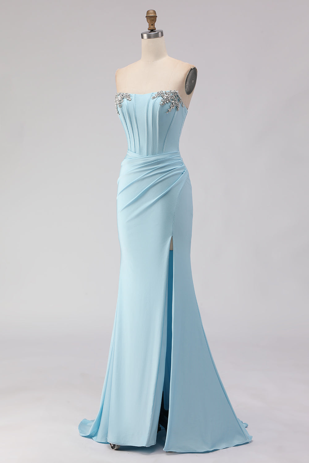 Sparkly Sky Blue Mermaid Strapless Ruched Long Corset Prom Dress with Slit