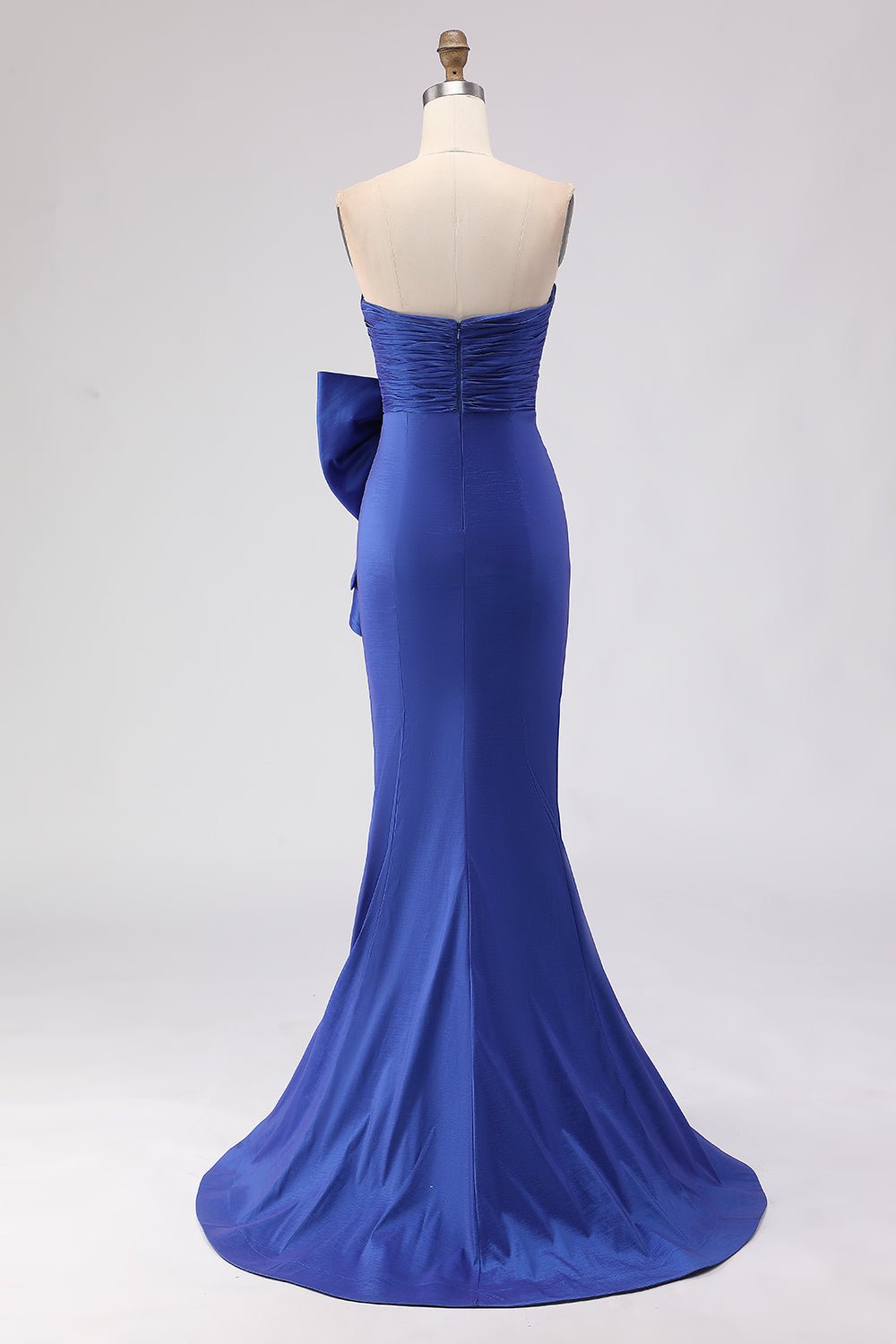 Elegant Royal Blue Satin Strapless Bowknot Long Mermaid Prom Dress with Slit