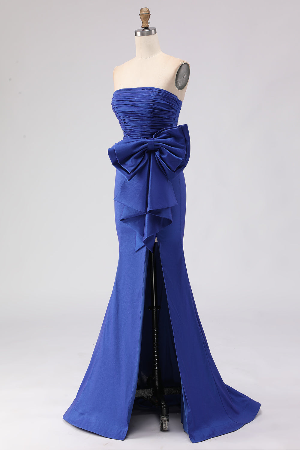 Elegant Royal Blue Satin Strapless Bowknot Long Mermaid Prom Dress with Slit