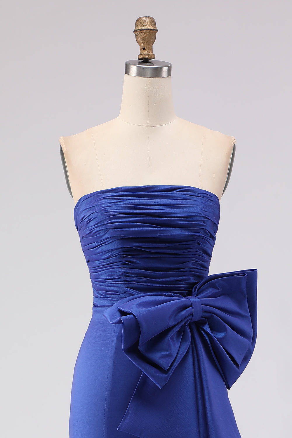 Elegant Royal Blue Satin Strapless Bowknot Long Mermaid Prom Dress with Slit