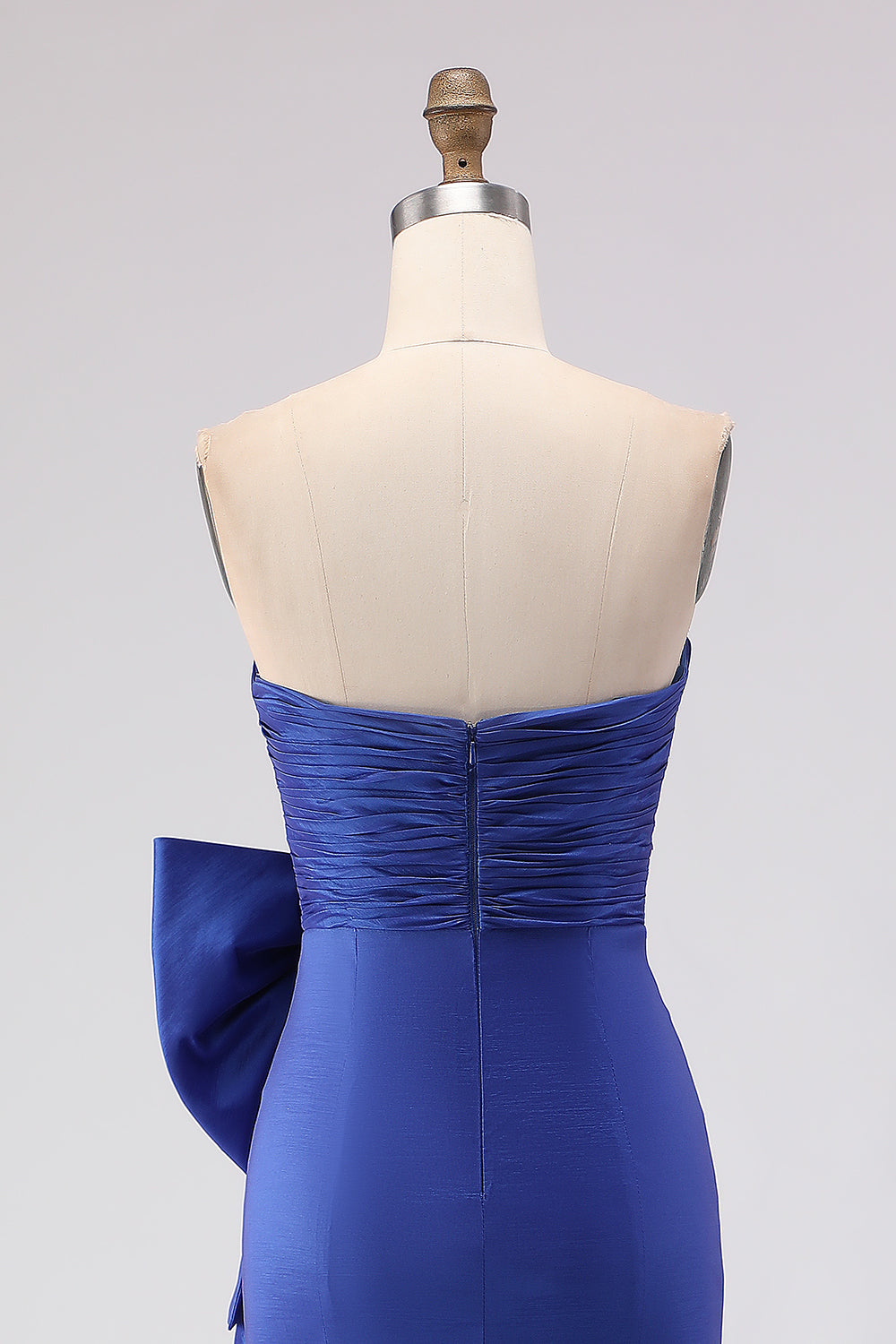 Elegant Royal Blue Satin Strapless Bowknot Long Mermaid Prom Dress with Slit