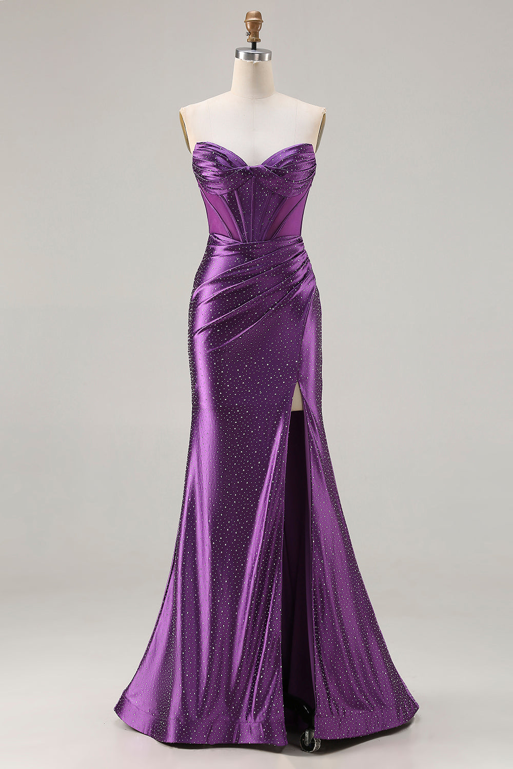 Sparkly Dark Purple Satin Mermaid Strapless Long Corset Prom Dress with Slit