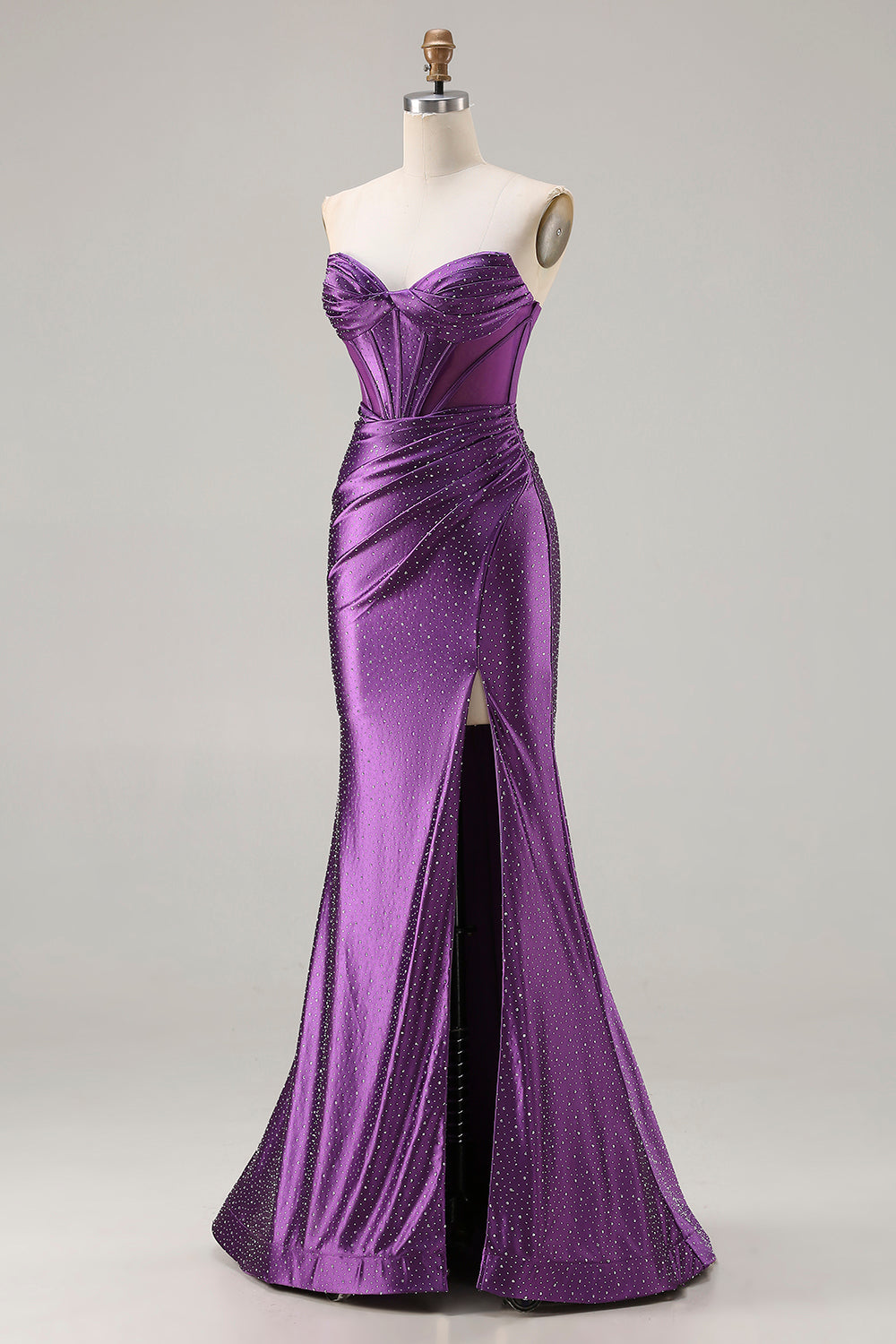 Sparkly Dark Purple Satin Mermaid Strapless Long Corset Prom Dress with Slit