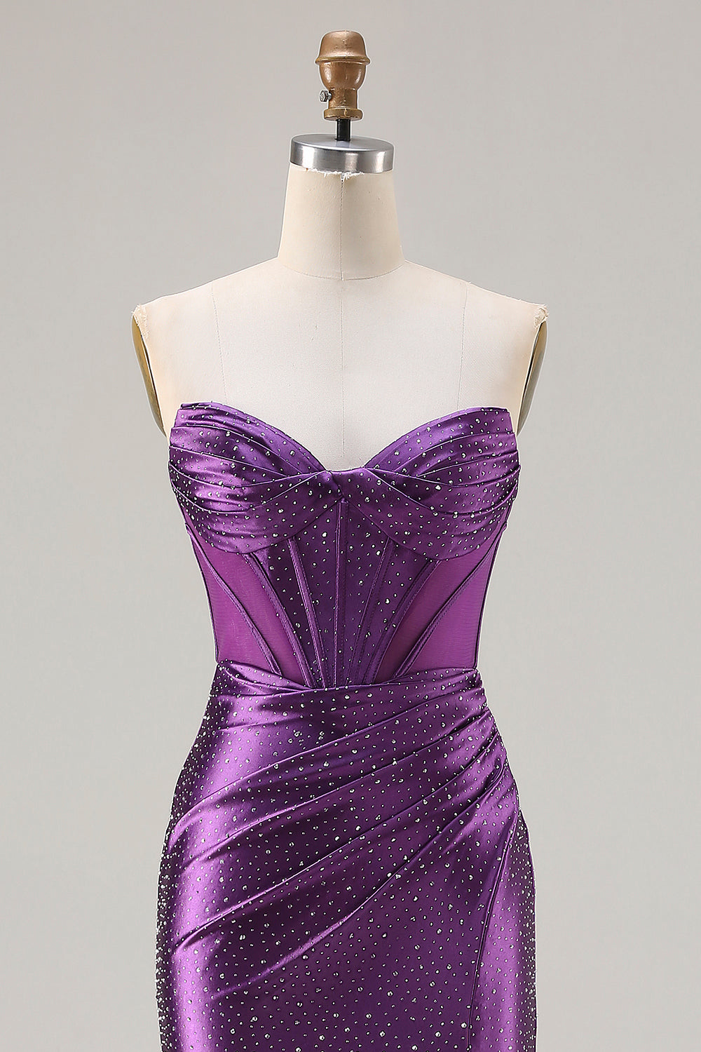 Sparkly Dark Purple Satin Mermaid Strapless Long Corset Prom Dress with Slit