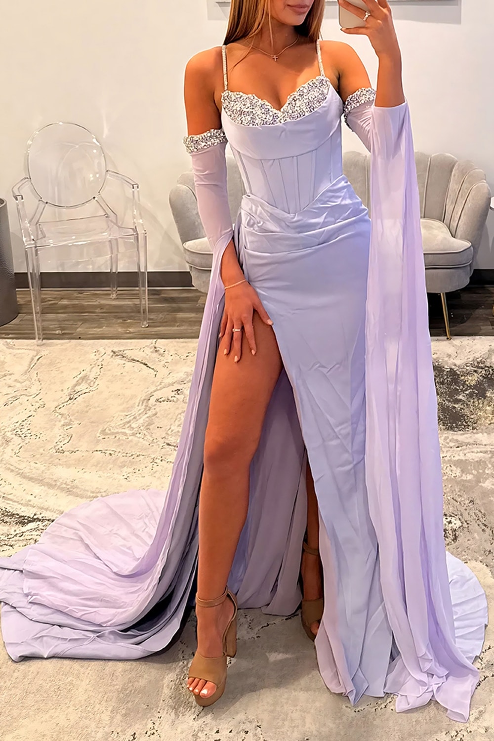 Sparkly Beaded Lilac Corset Mermaid Long Prom Dress with Slit