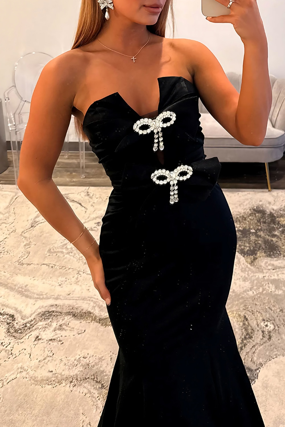 Sparkly Black Strapless Mermaid Long Prom Dress with Rhinestones