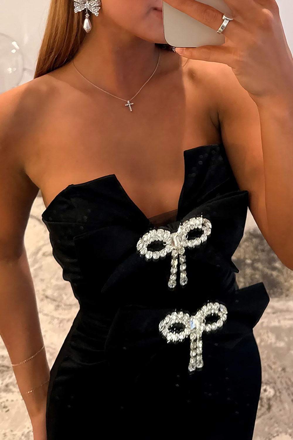 Sparkly Black Strapless Mermaid Long Prom Dress with Rhinestones