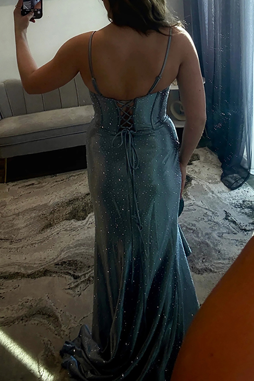 Sparkly Emerald Green Beaded Mermaid Ruffled Long Corset Prom Dress with Slit