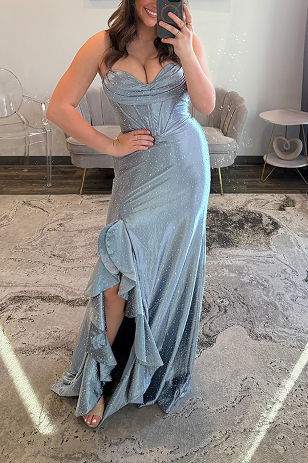 Sparkly Emerald Green Beaded Mermaid Ruffled Long Corset Prom Dress with Slit