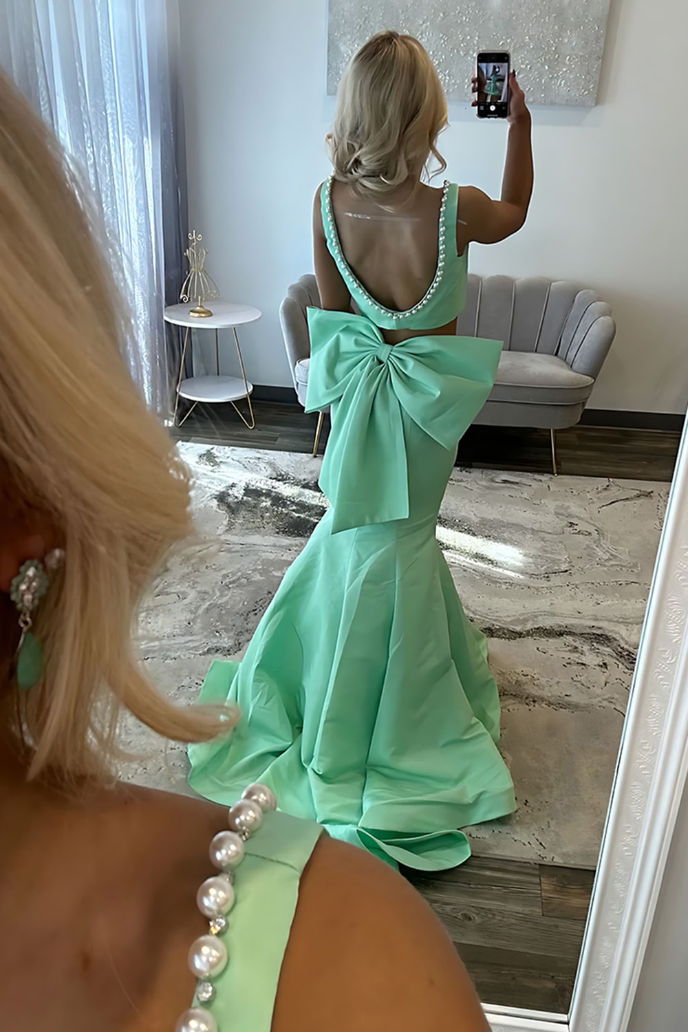 Sparkly Green Mermaid Corset 2 Piece Long Prom Dress with Pearls