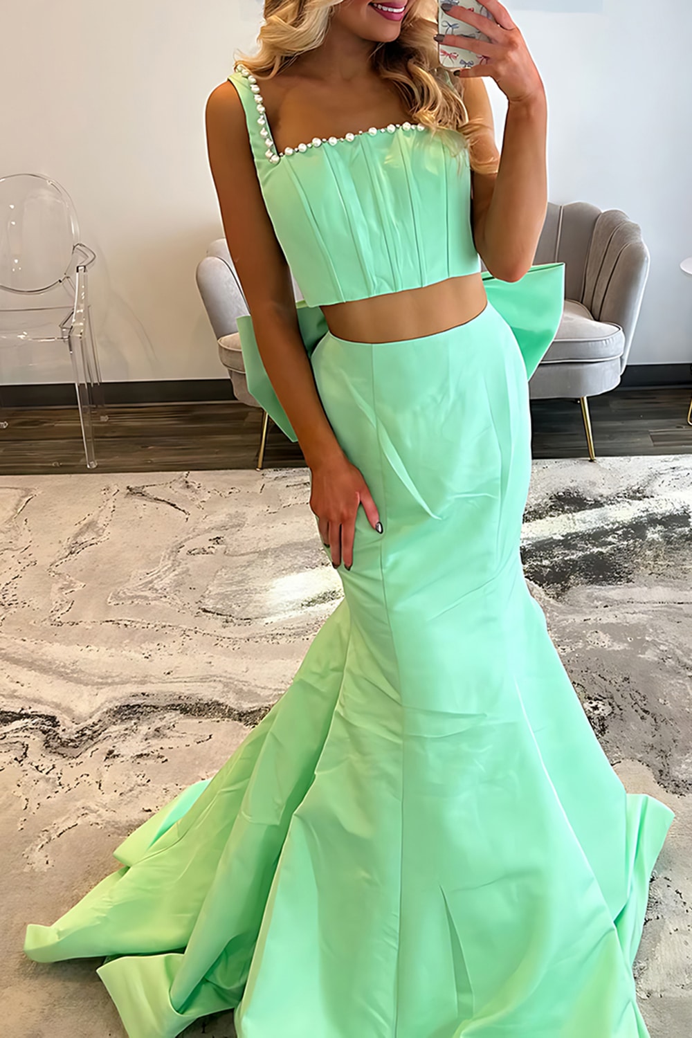 Sparkly Green Mermaid Corset 2 Piece Long Prom Dress with Pearls