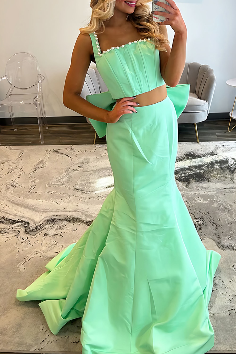 Sparkly Green Mermaid Corset 2 Piece Long Prom Dress with Pearls