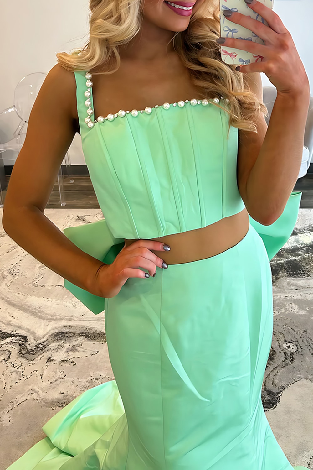 Sparkly Green Mermaid Corset 2 Piece Long Prom Dress with Pearls