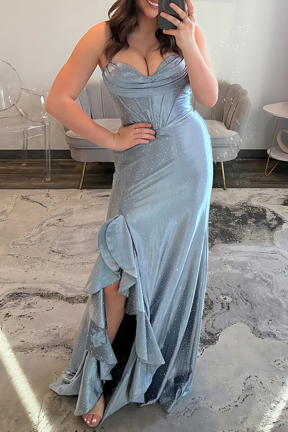 Sparkly Corset Grey Blue Ruffled Mermaid Long Prom Dress with Slit