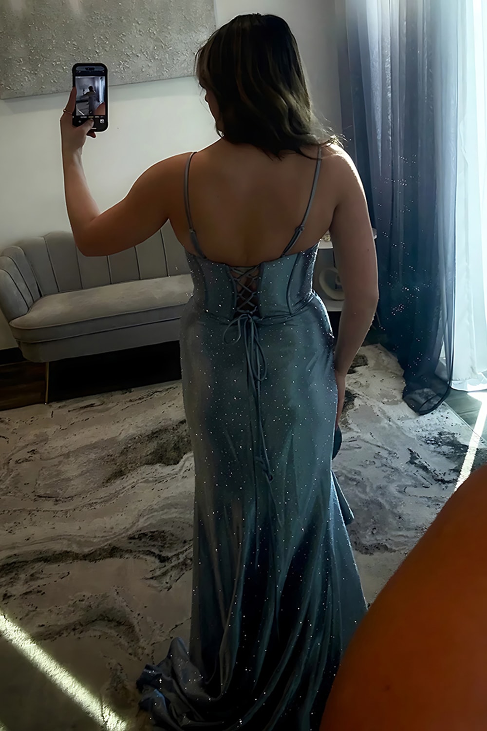 Sparkly Corset Grey Blue Ruffled Mermaid Long Prom Dress with Slit