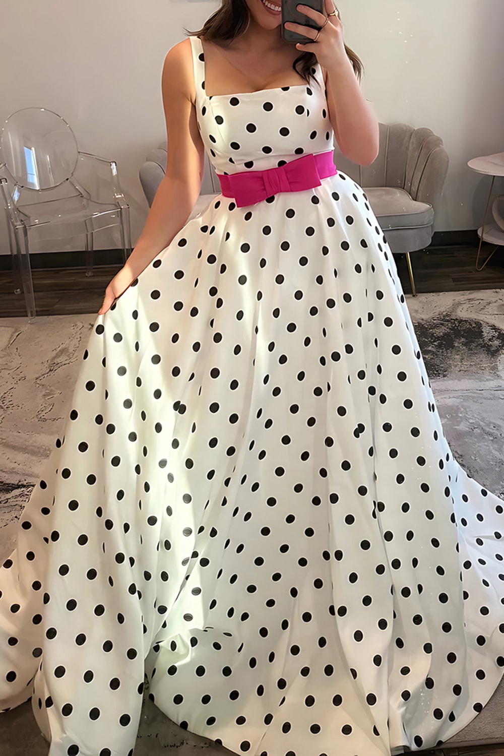 White Black Square Neck Polka Dots A Line Long Prom Dress with Bow