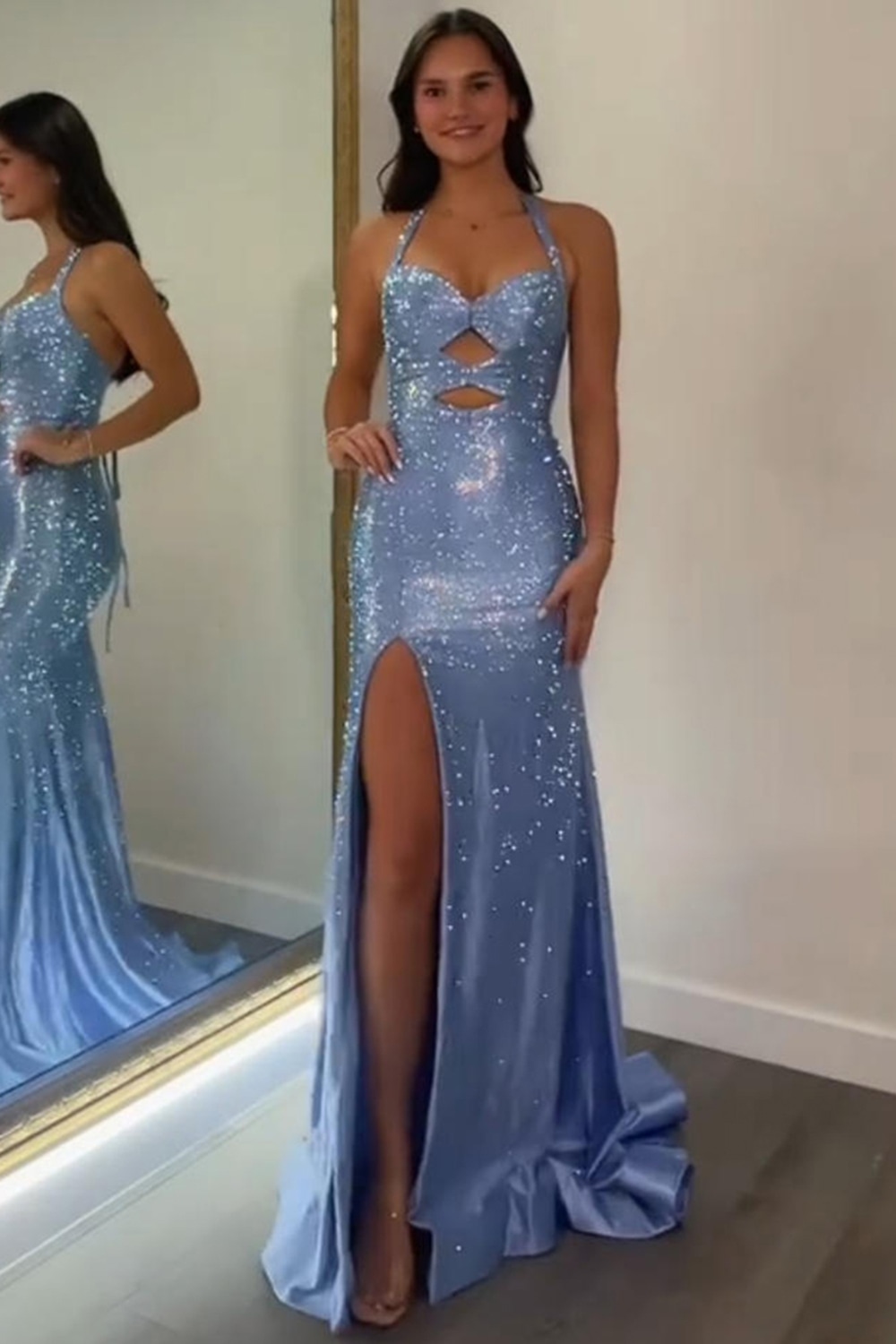 Sparkly Grey Blue Beaded Cut Out Mermaid Long Prom Dress with Slit