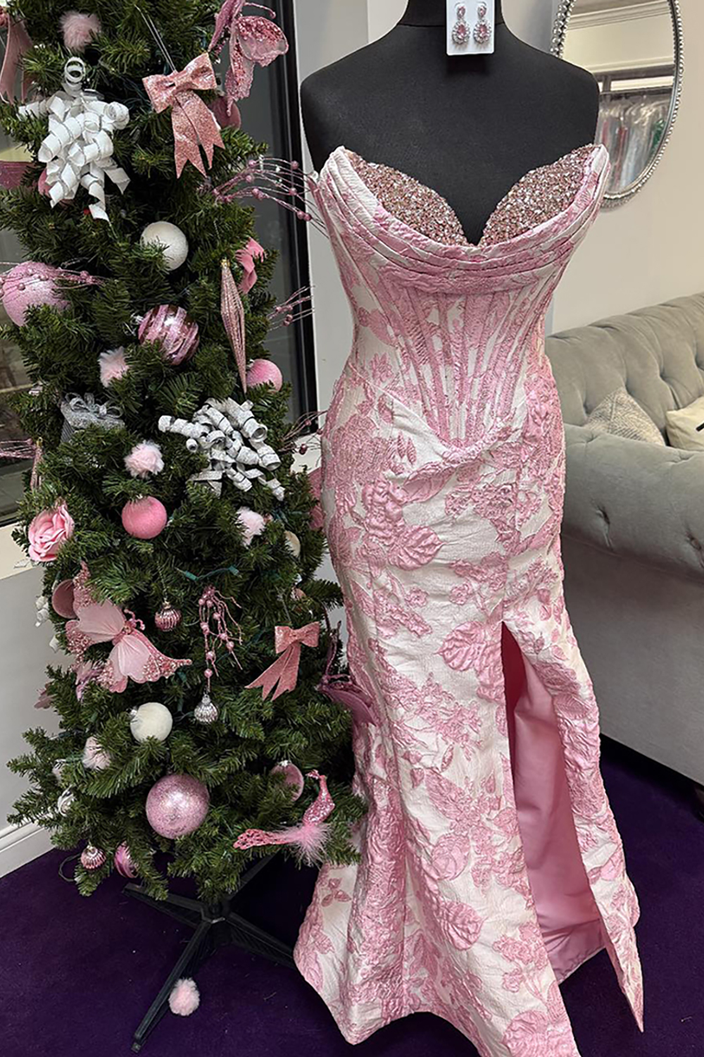 Elegant Blush Jacquard Mermaid Long Corset Prom Dress with Slit