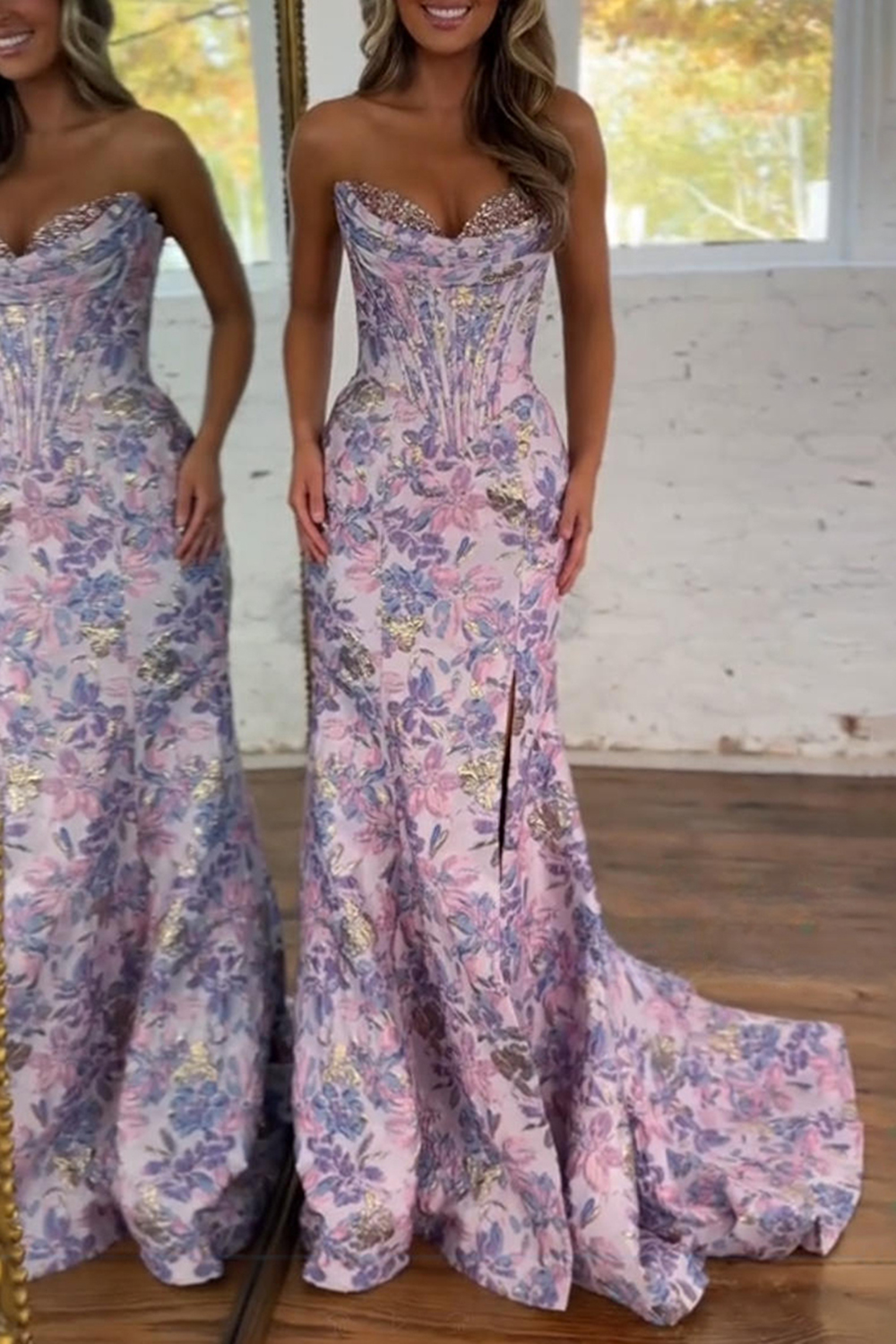 Elegant Blush Jacquard Mermaid Long Corset Prom Dress with Slit