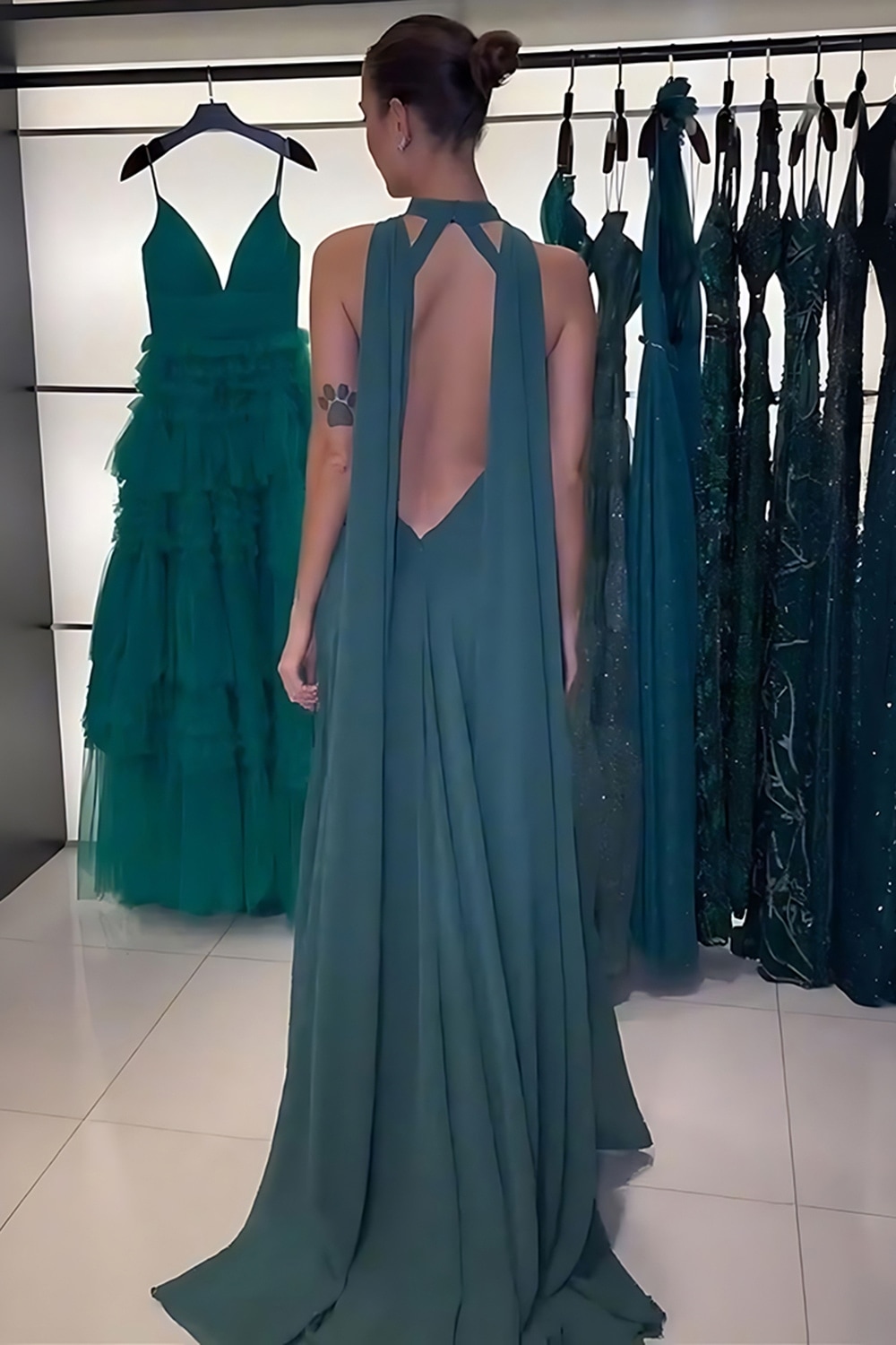 Floral Peacock Green Halter Sheath Long Prom Dress with Streamer