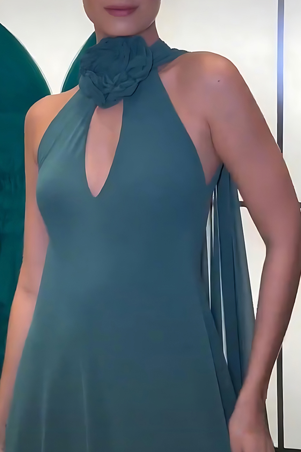 Floral Peacock Green Halter Sheath Long Prom Dress with Streamer