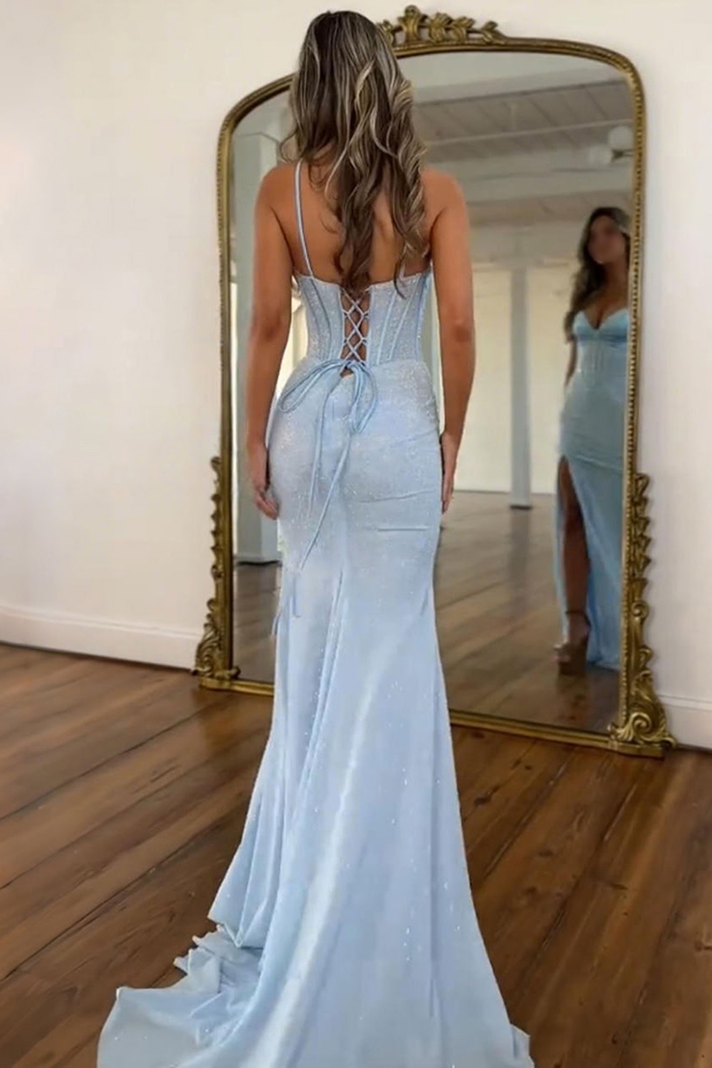 Sparkly Blue Mermaid Corset Beaded Long Prom Dress with Slit