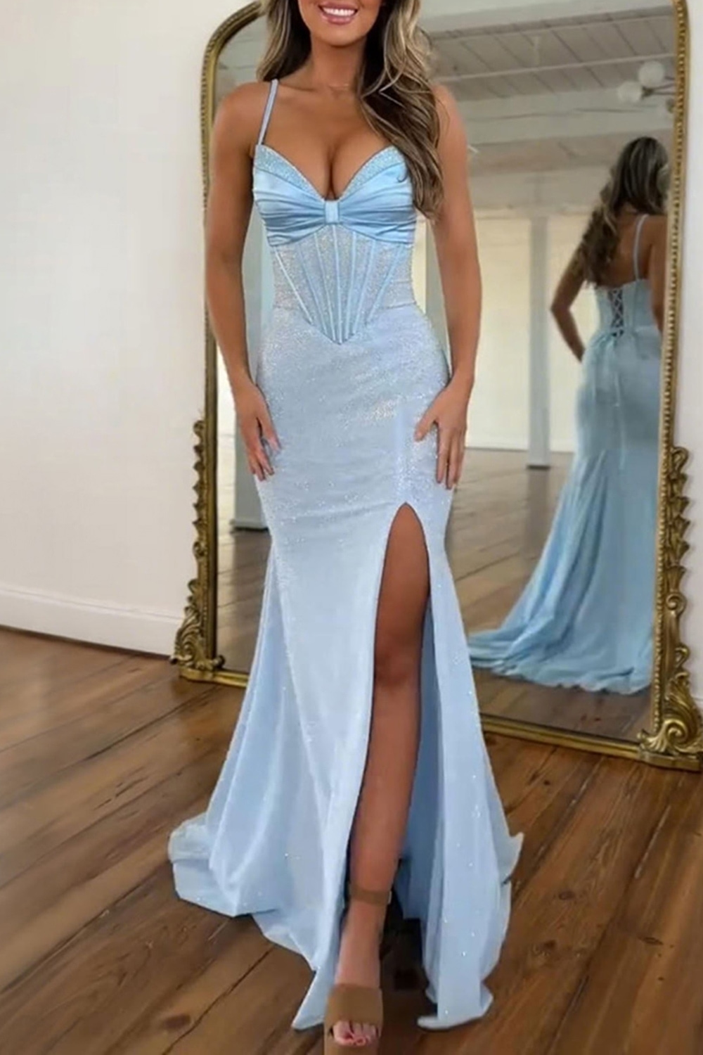 Sparkly Blue Mermaid Corset Beaded Long Prom Dress with Slit