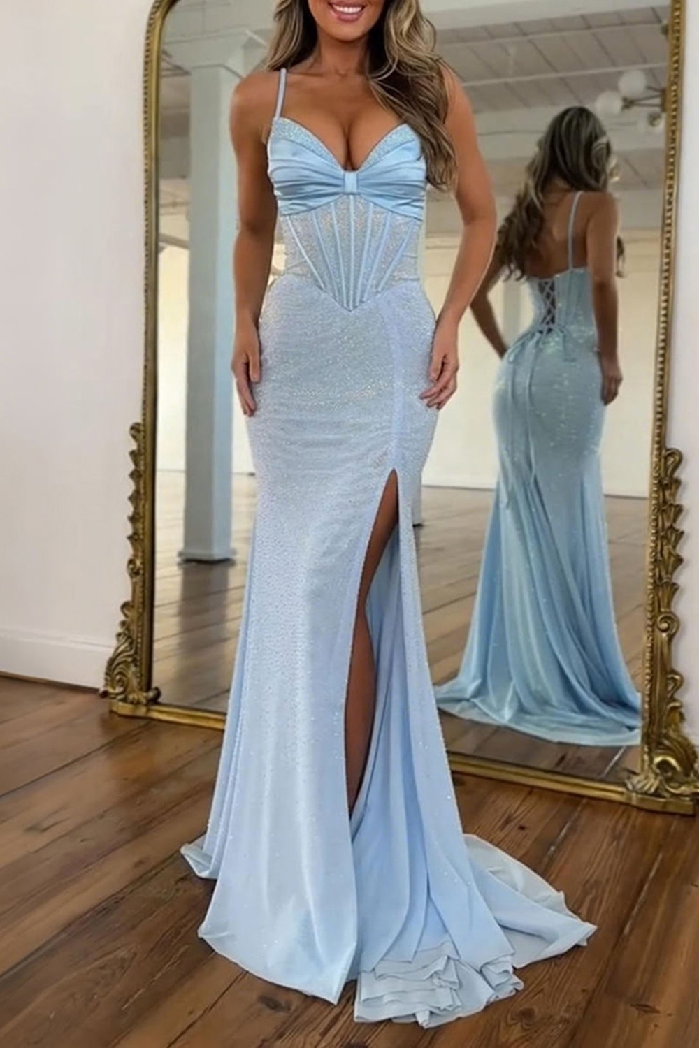 Sparkly Blue Mermaid Corset Beaded Long Prom Dress with Slit