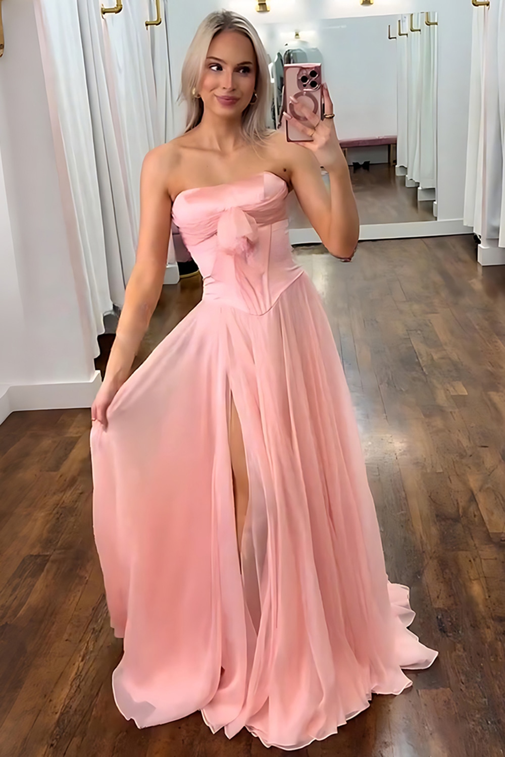 Blush Strapless Corset A Line Long Prom Dress with Bow