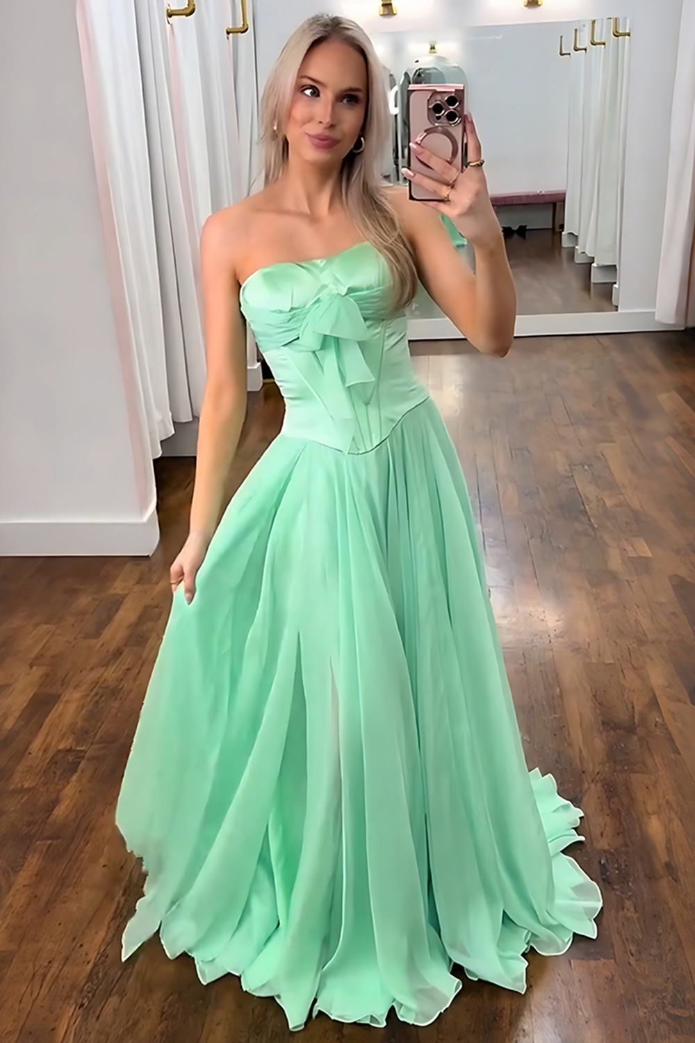 Blush Strapless Corset A Line Long Prom Dress with Bow