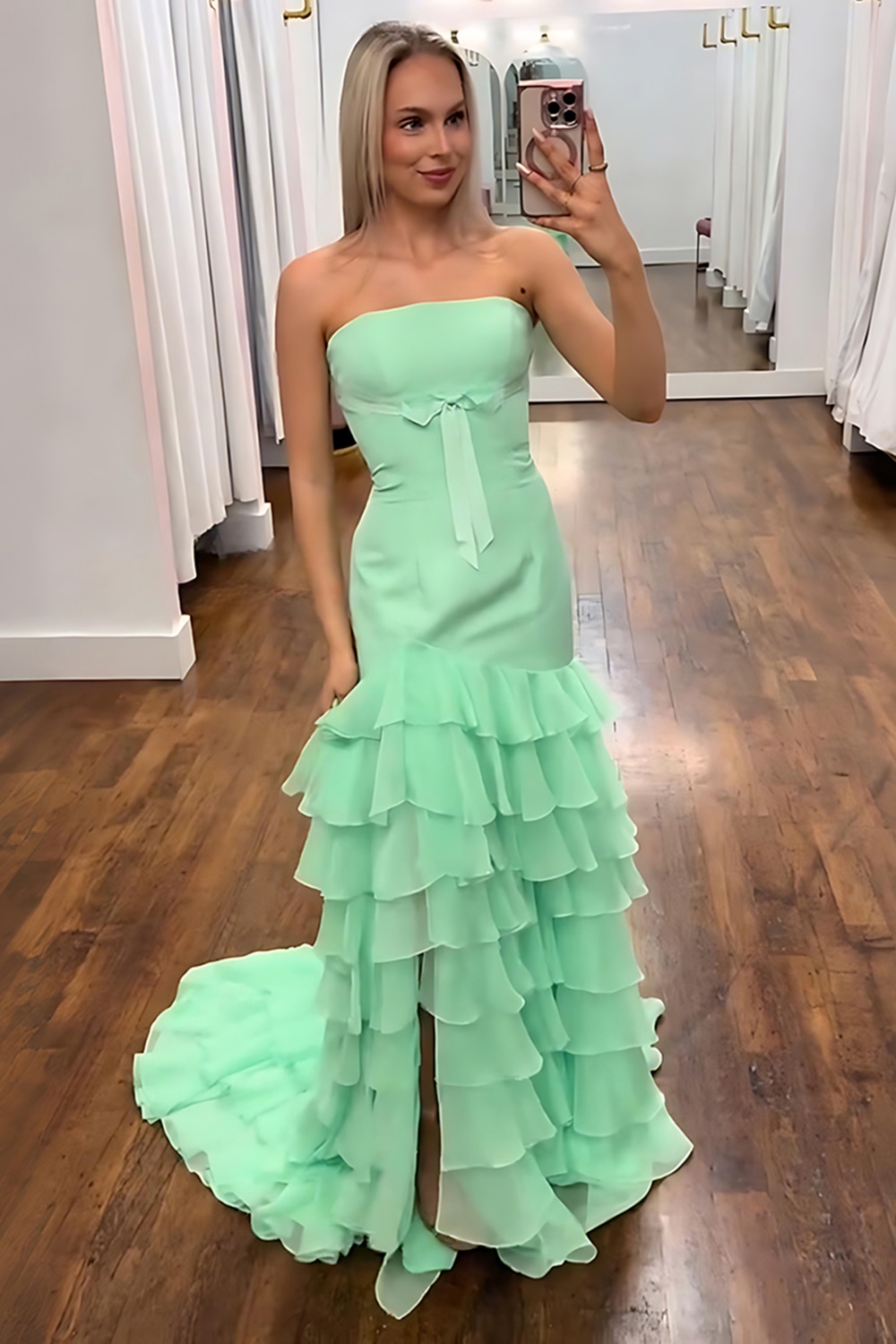 Green Ruffled Mermaid Corset Long Prom Dress with Slit