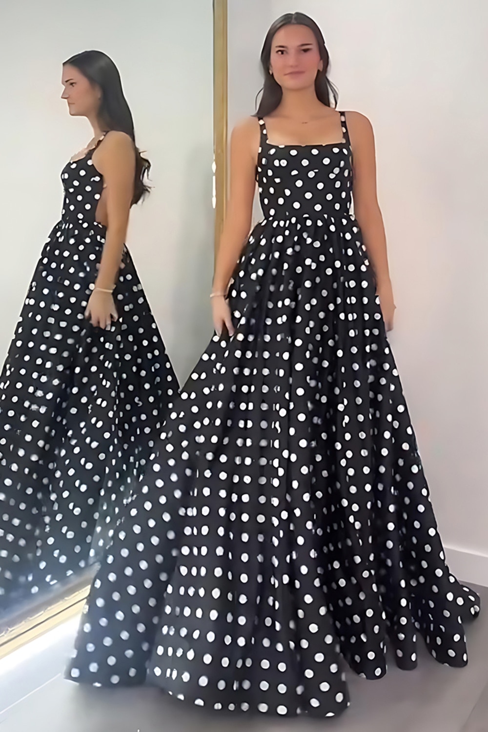 Black White Polka Dots Square Neck A Line Long Prom Dress