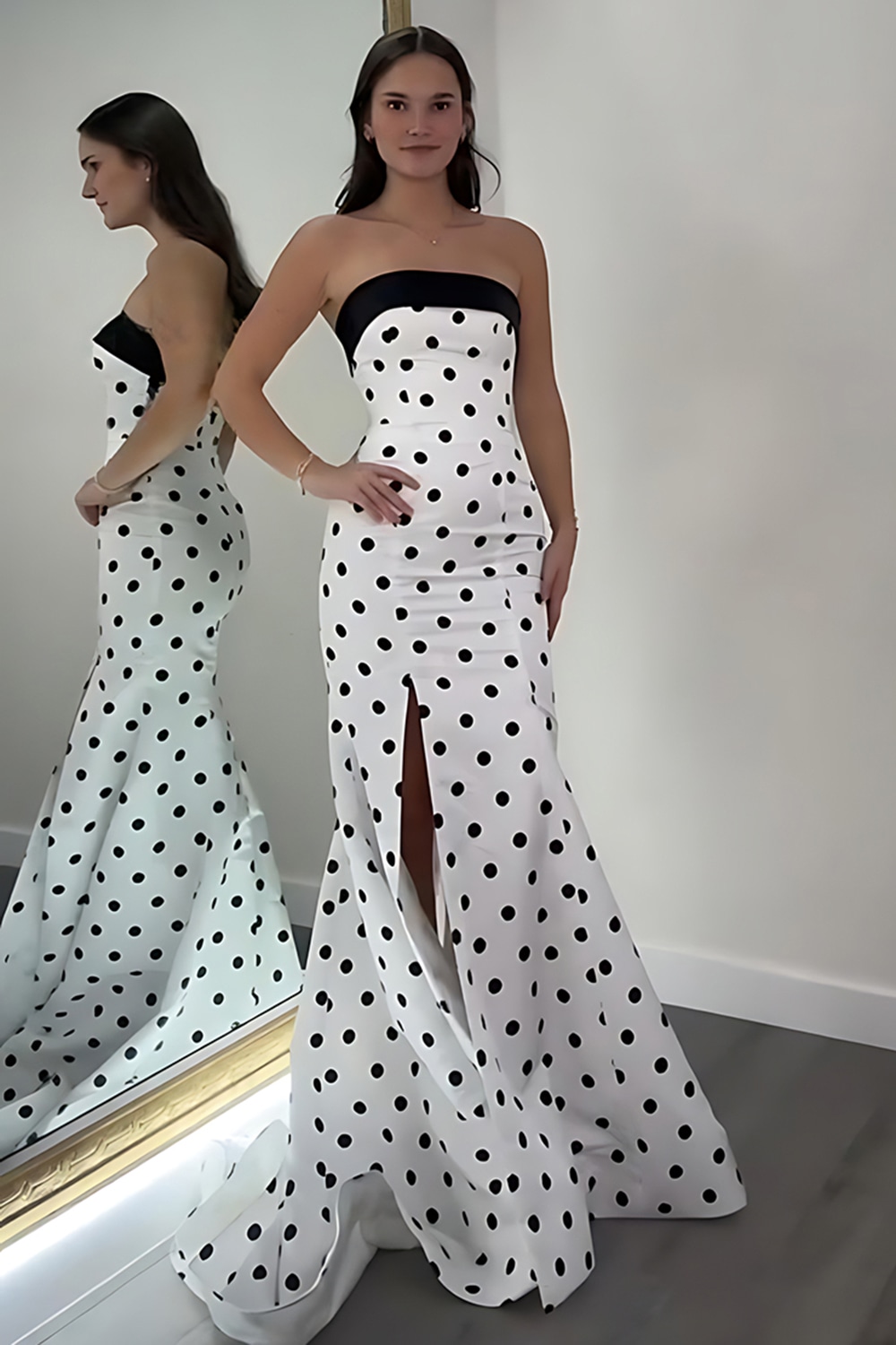 White Black Polka Dots Strapless Mermaid Long Prom Dress with Slit