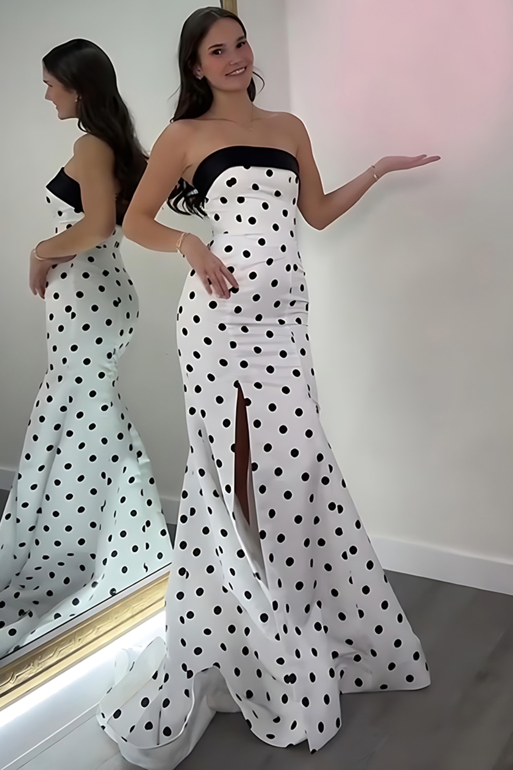 White Black Polka Dots Strapless Mermaid Long Prom Dress with Slit
