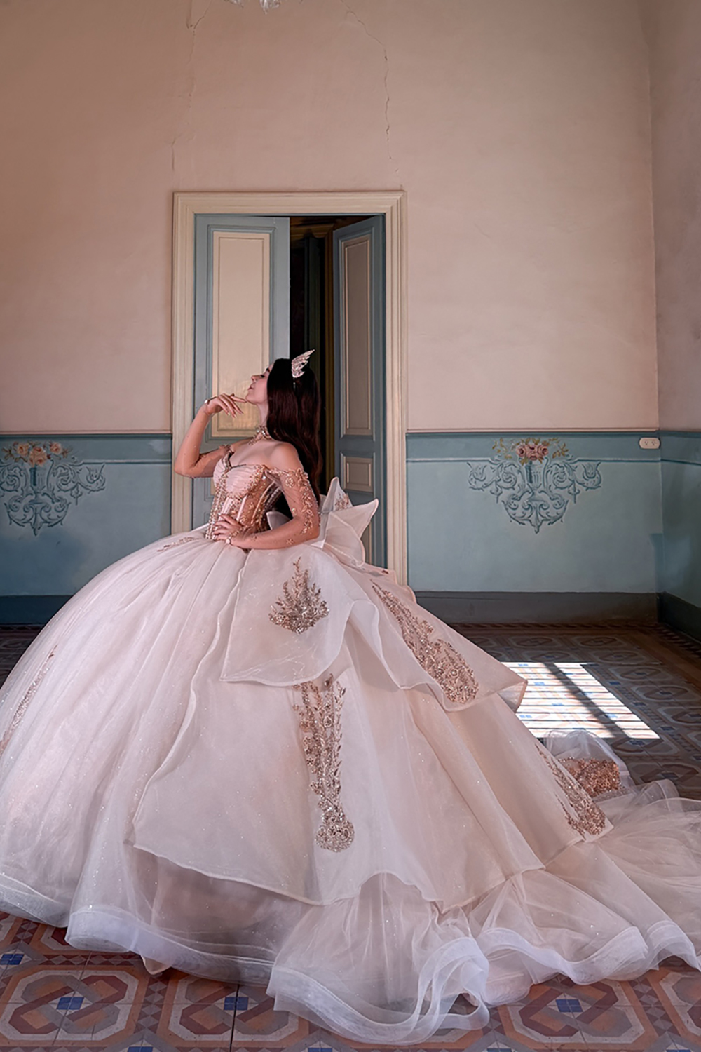 Sparkly Corset Blush Ball Gown Long Quinceanera Dress with Beading