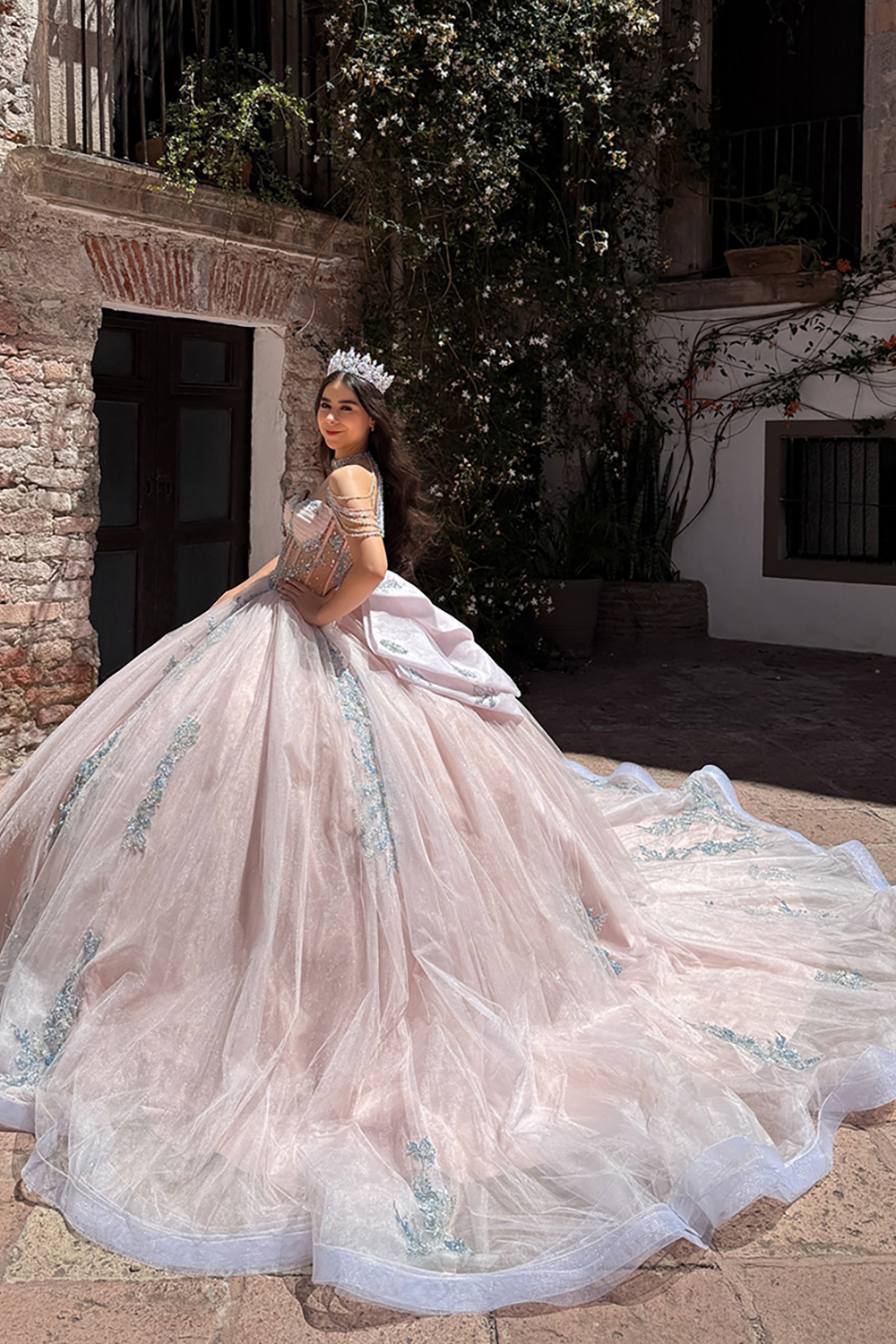 Sparkly Beaded Corset Tulle Blush Ball Gown Long Quinceanera Dress with Bows