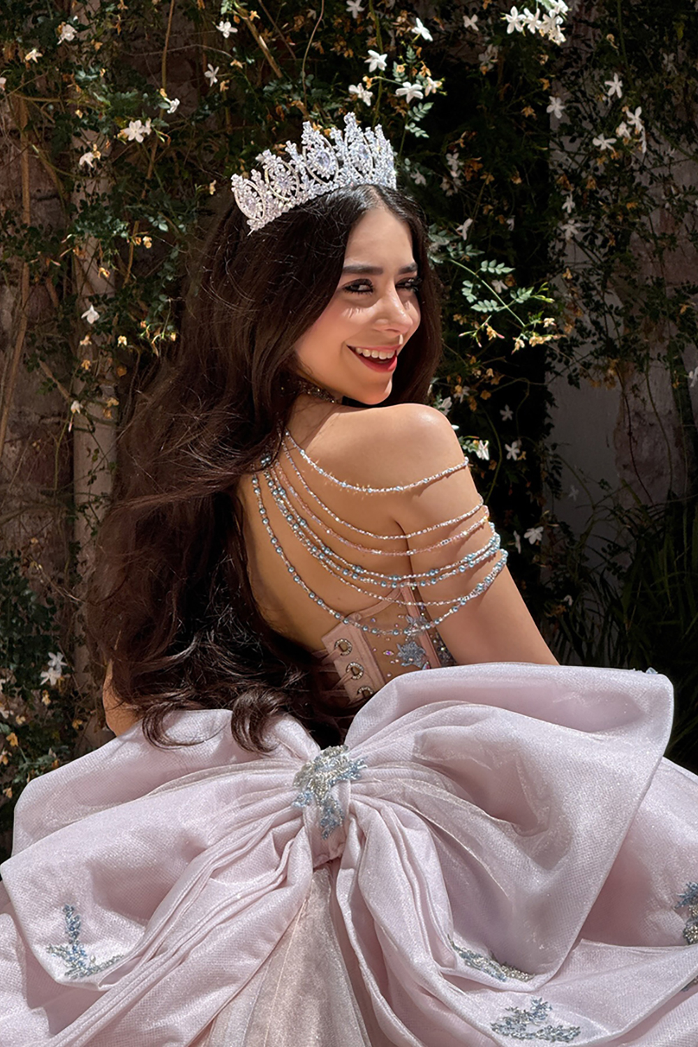 Sparkly Beaded Corset Tulle Blush Ball Gown Long Quinceanera Dress with Bows