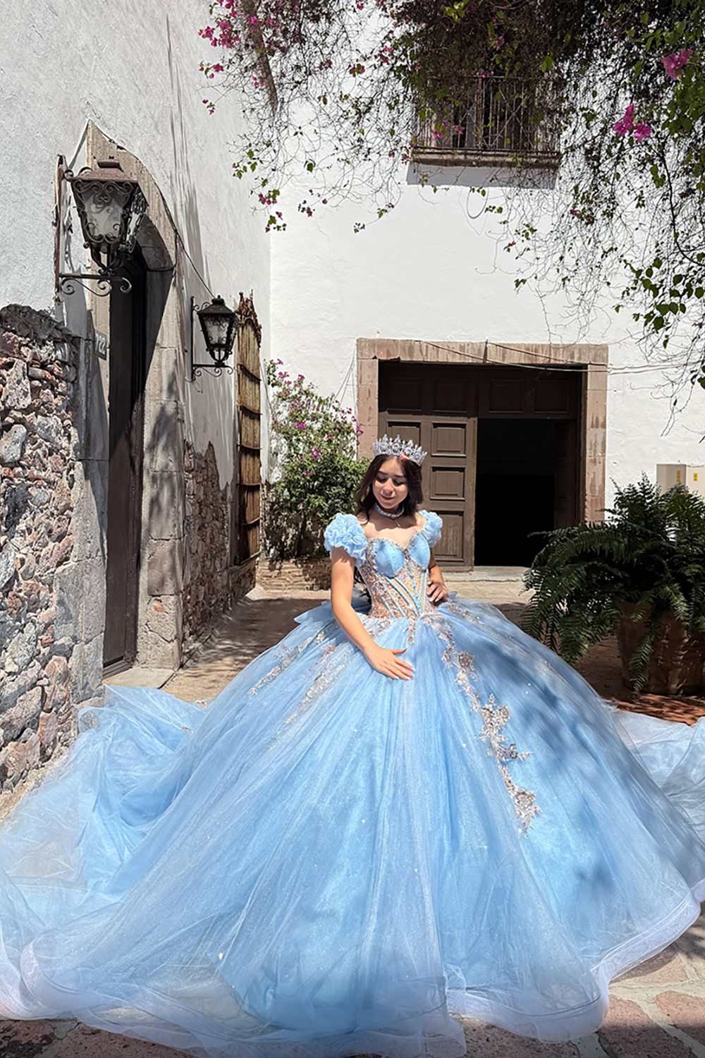 Sparkly Corset Beaded Blue Ball Gown Beaded Long Quinceanera Dress