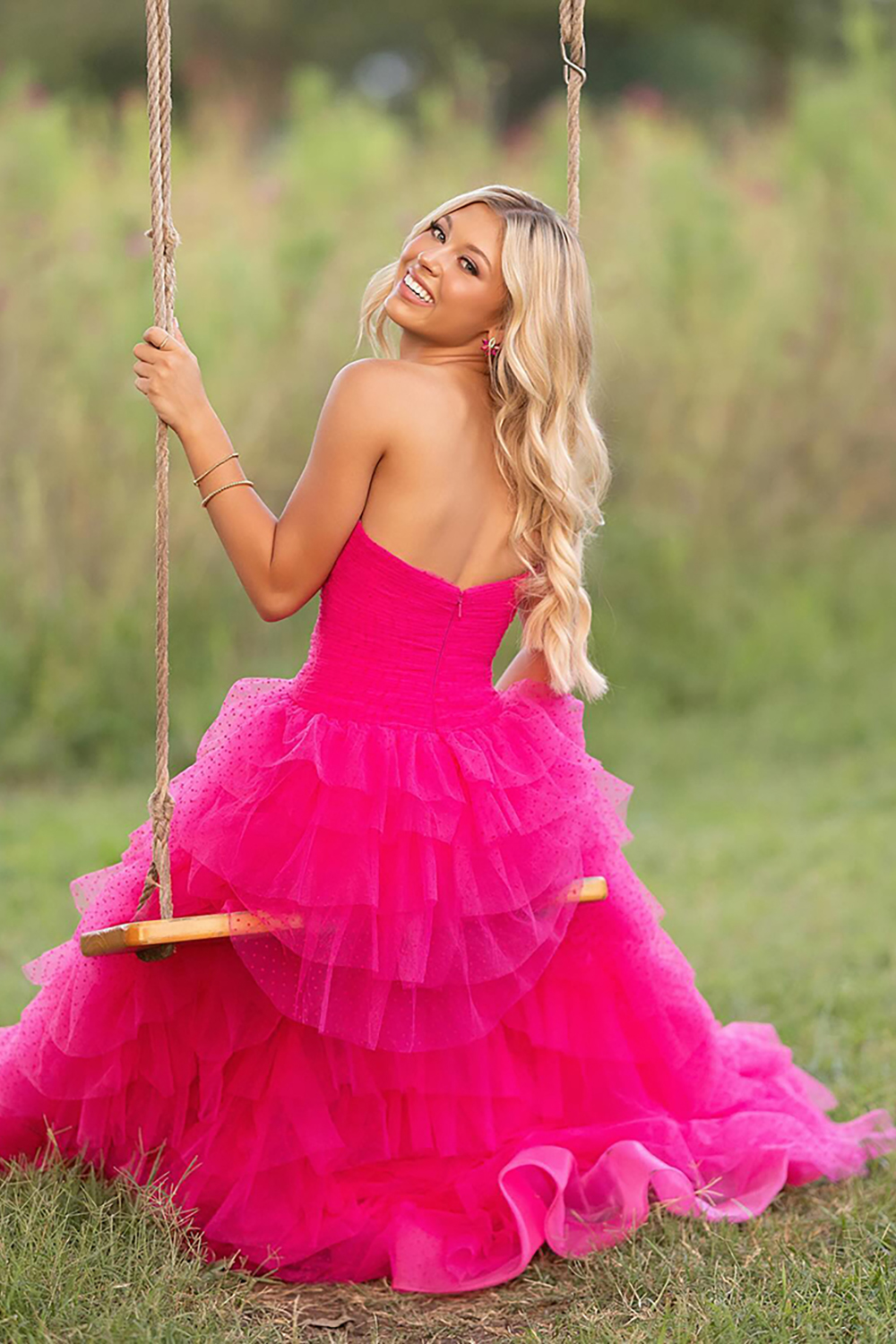 Fuchsia Polka Dots Cut Out Sweetheart Long Prom Dress with Bows