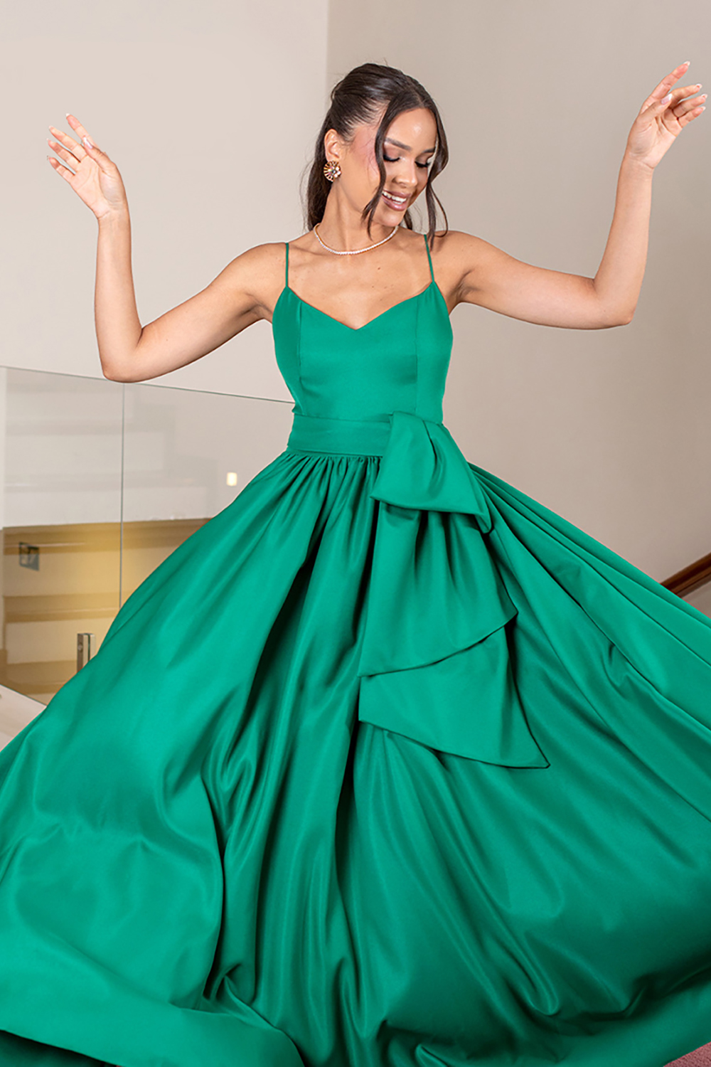Satin Green Corset A Line V-Neck Long Prom Dress