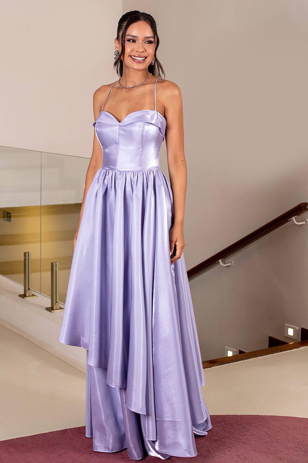 Lilac Satin Spaghetti Straps Corset Long Prom Dress with Ruffles
