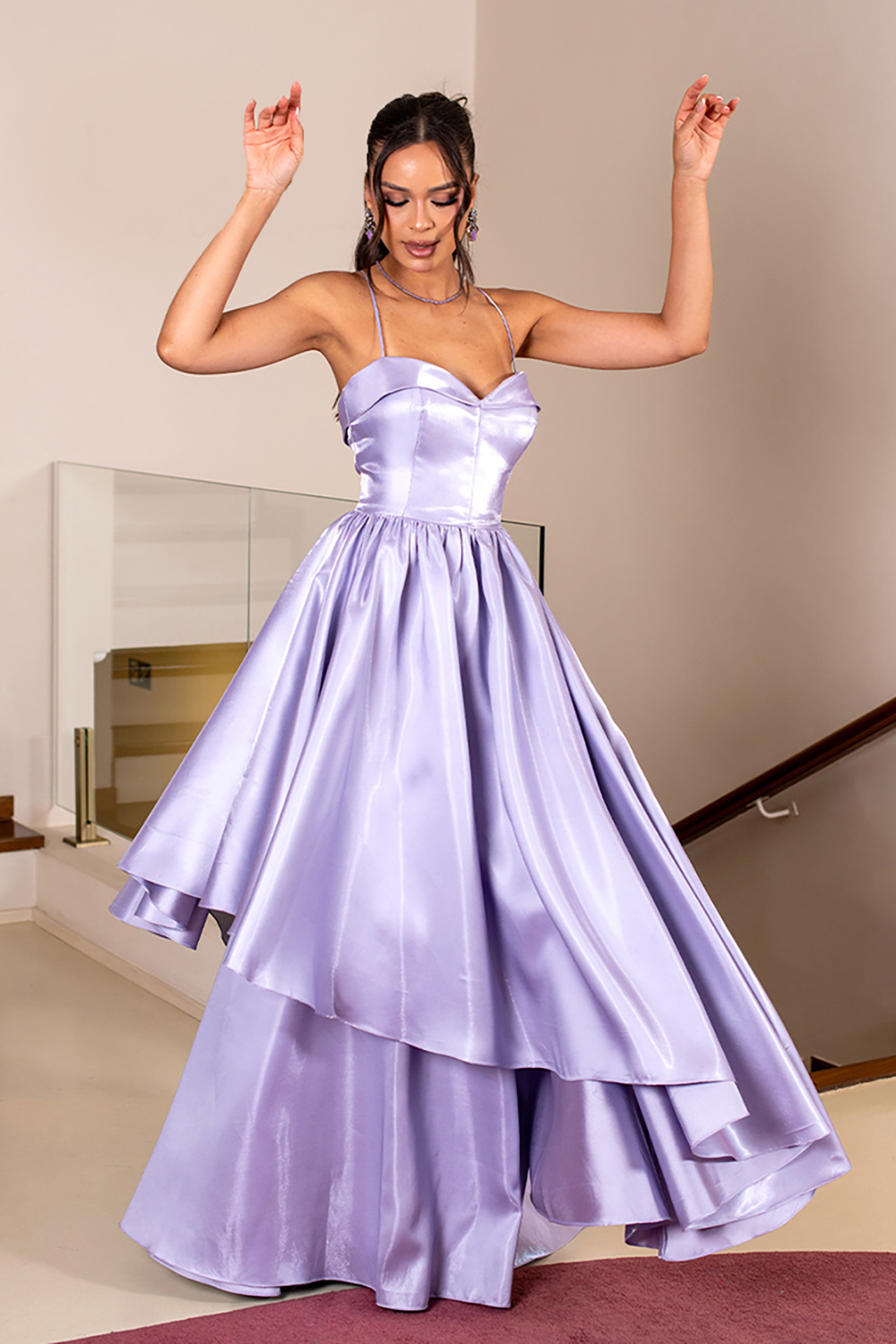 Lilac Satin Spaghetti Straps Corset Long Prom Dress with Ruffles
